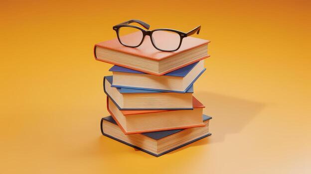 Stack of Colorful Books With Glasses Placed on Top Against an Orange Background photo
