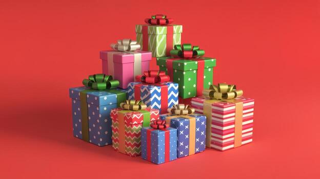 Pile of Colorful Wrapped Presents With Bows on a Solid Red Background for Holidays photo