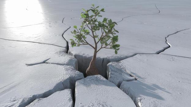 árbol crece desde grieta en blanco árido suelo, supervivencia en difícil ambiente foto