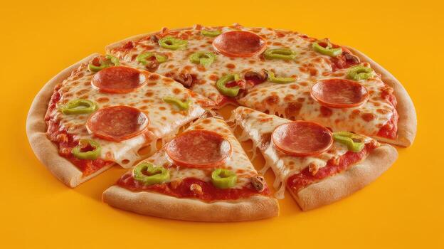 Pepperoni and Green Pepper Pizza With a Few Slices Missing on a Yellow Background photo