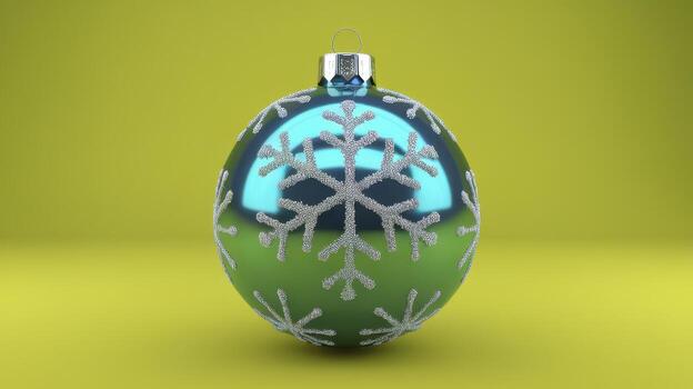 Christmas Ornament With Silver Snowflake Pattern on a Yellow Background Surface photo
