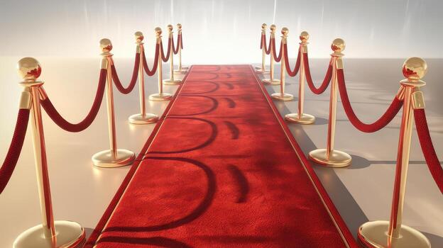 Red Carpet Entrance Lined With Gold Stanchions Guides the Way Forward photo