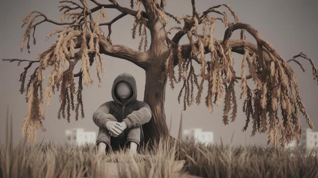 Lost in Thought Anonymous Figure Sitting Under a Tree on a Cloudy Day photo