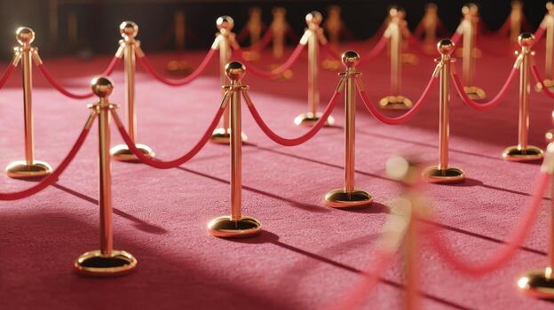Golden Stanchions With Red Ropes Line a Vibrant Red Carpet for a Formal Event photo