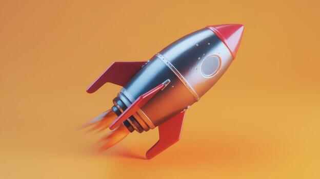 Silver Rocket With Red Fins Launching on a Yellow Background in the Afternoon photo