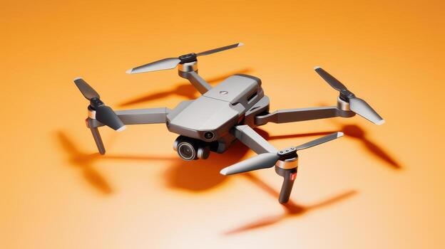 Gray Drone With Camera is Sitting on Orange Surface in a Studio, Casting a Shadow photo