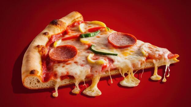 Slice of Pepperoni Pizza With Melting Cheese and Vegetable Toppings Against Red Background photo