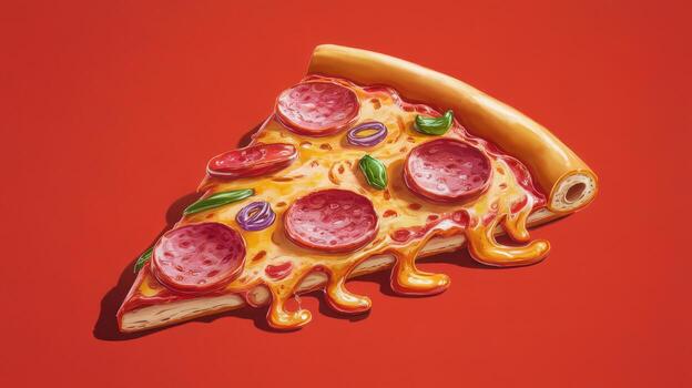 Slice of Pepperoni Pizza With Melting Cheese on a Red Background Looks Delicious and Inviting photo