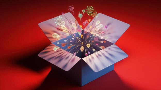 Explosion of Colorful Fireworks Bursting out From an Open Cardboard Box on a Red Table photo