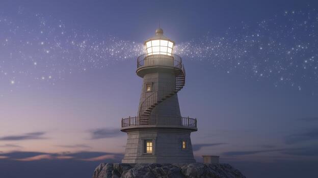 Lighthouse Stands Tall at Dusk, Light Shining Brightly Across the Sky photo