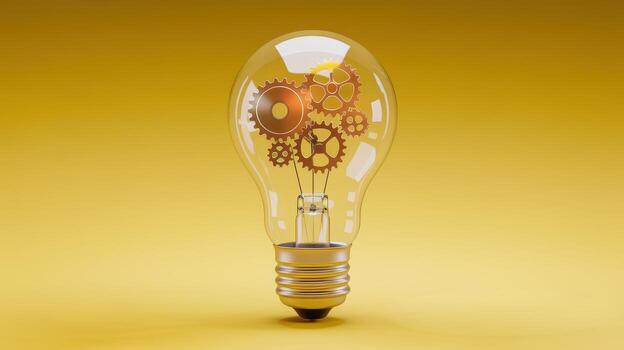 Light Bulb Containing Gears on a Yellow Background Represents Idea Generation photo