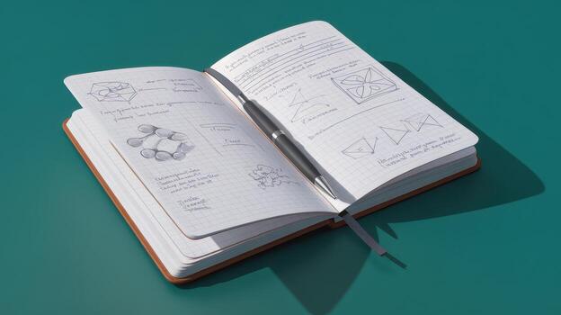 Open Notebook With Sketches and Notes on a Teal Surface With a Pen Placed Inside photo