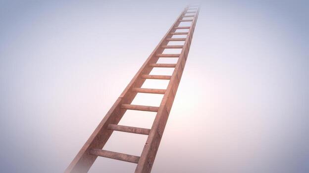 Wooden Ladder Rising Into Bright Fog With Sunlight in the Background photo