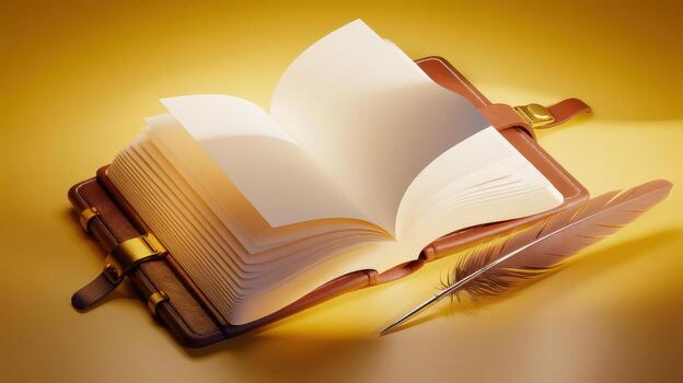 Open Leather Bound Journal With Blank Pages and Feather Quill on a Gold Background photo