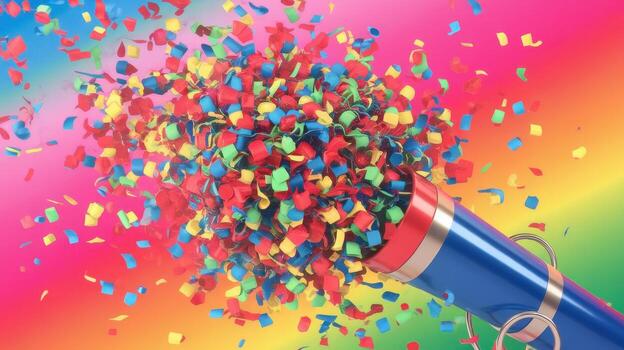 Confetti Explosion out of a Blue Party Popper With a Colorful Background photo
