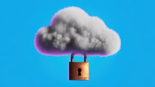 Cloud Security Illustrated by Padlock and Cloud on Blue Background photo