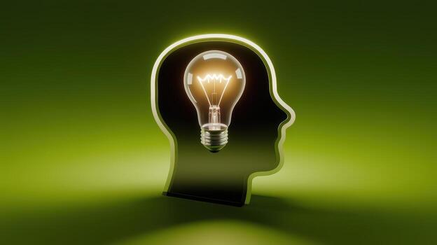 Light Bulb Illuminates Within Human Head on Soft Green Background photo