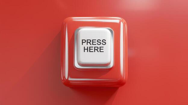 Red Emergency Button With a White Center, Displaying the Words PRESS HERE photo