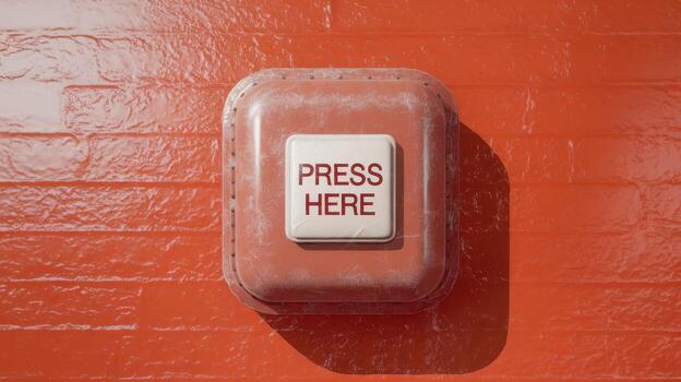 Close up of an Emergency Alarm System, With Press Here Written on the Button photo