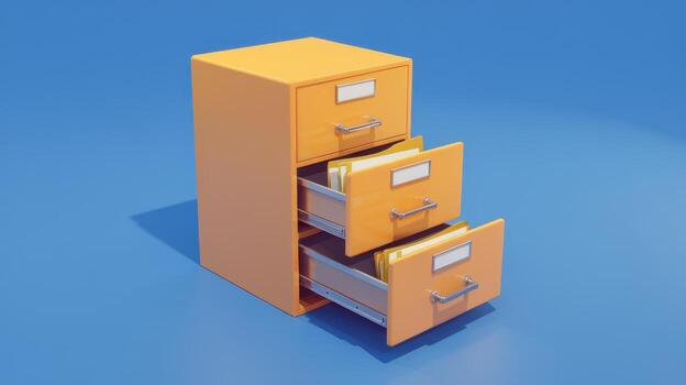 Orange Filing Cabinet on Blue Background With Three Drawers Partly Open photo