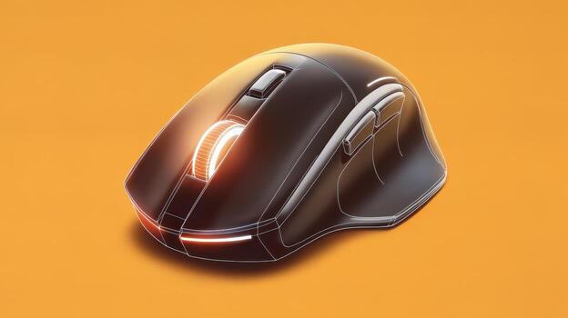 Black Computer Mouse With Orange Glow, Studio Shot Against Orange Background photo