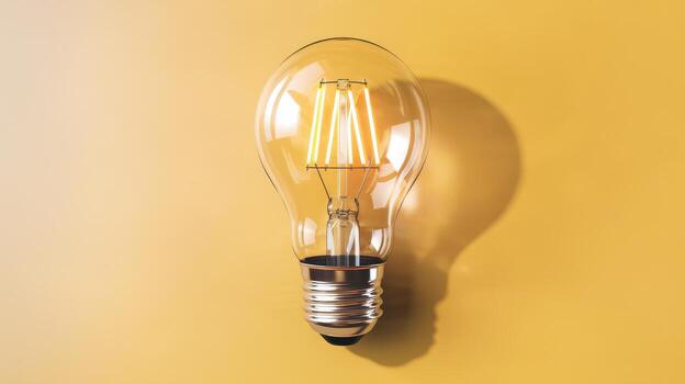 Lit Light Bulb Glows on Plain Yellow Background Creating Shadow photo