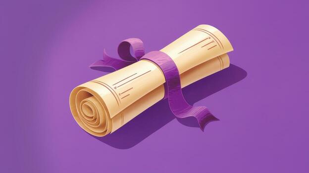 Rolled Paper Document Tied With Purple Ribbon on a Violet Background photo