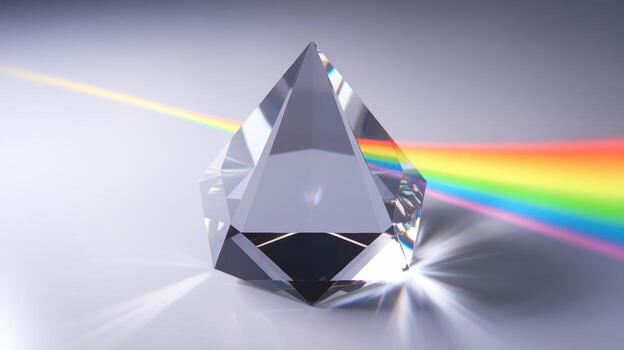 Crystal Prism Refracting Light Into a Rainbow on a Bright Gray Surface photo