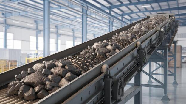 Gray Rocks and Patterned Material Move Along a Conveyor Belt Inside a Factory photo