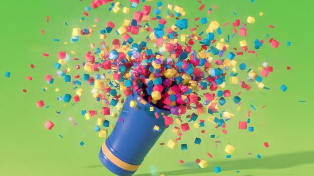 Celebration Time With a Blue Popper Exploding Colorful Confetti on a Green Background photo