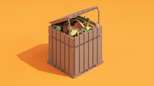 Low Poly Compost Bin on Bright Orange Background With Lid Partially Open photo