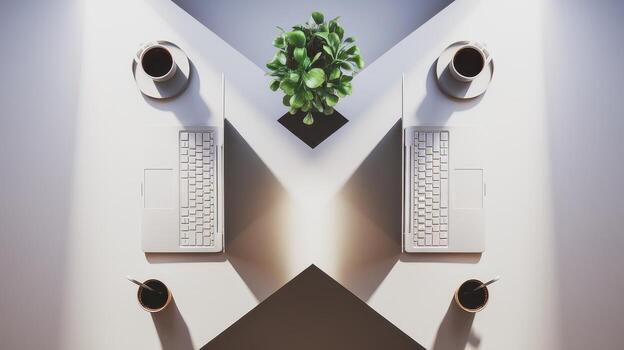 Matching Workspaces With Laptops, Coffee, and Plant on a White Surface photo