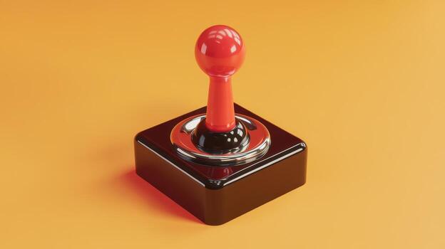 Red Joystick Stands Alone on an Orange Background Looking Glossy photo