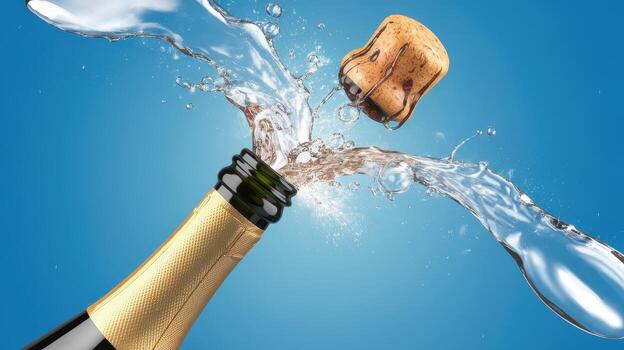 Champagne Bottle Exploding With a Burst of Water and Flying Cork on Blue Background photo