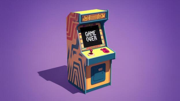 Vintage Arcade Cabinet Displaying Game Over Screen on Purple Background photo