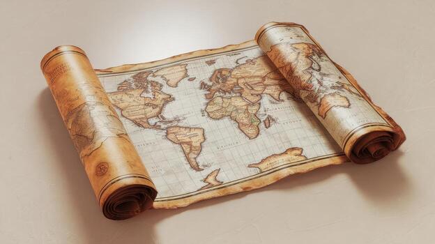 Old World Map Scroll Showing Continents on a Flat Surface photo