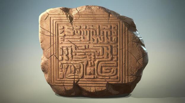 Ancient Stone Tablet With Geometric Patterns and Possible Inscriptions Displayed Indoors photo