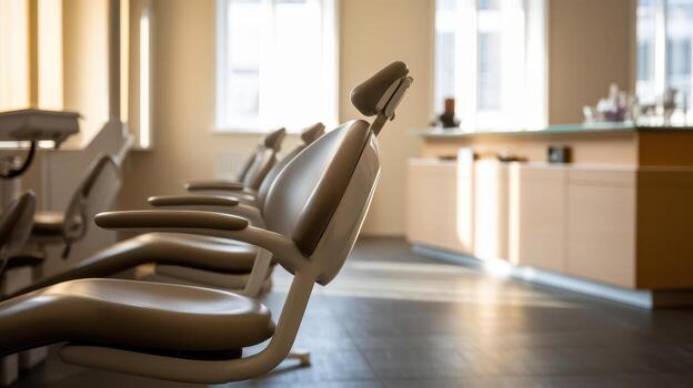 Empty Dentist Chairs Lined up in an Office Setting With Window Light photo