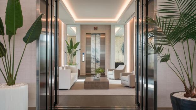 Elegant Waiting Area Features Elevators and Comfortable Seating photo