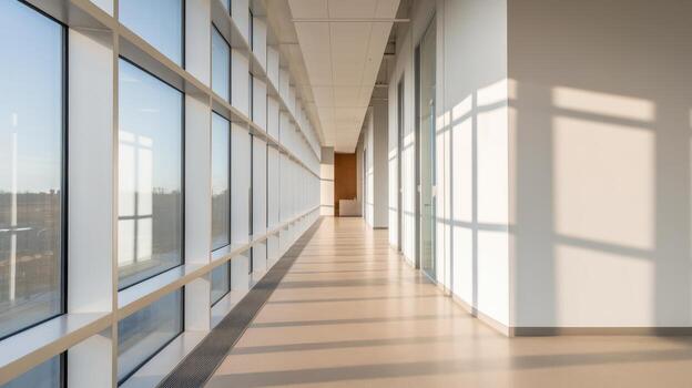 Long Corridor With Large Windows During the Day Lets in Sunlight photo