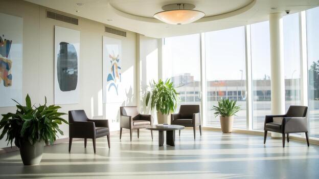 Waiting Area Features Chairs, Plants and Artwork in a Lobby photo