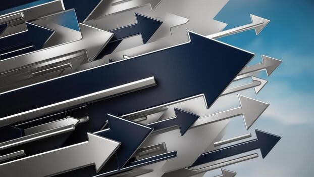 Arrows Pointing Upwards in Blue and Silver on a Bright Cloudy Sky photo