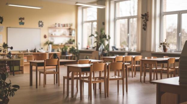 Empty Classroom at Day Time in a School During Break With Wooden Desks and Chairs photo