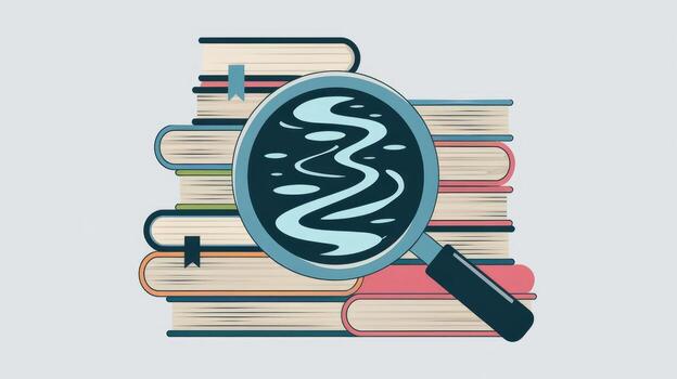 Stack of Books With a Magnifying Glass Displaying a Winding River photo