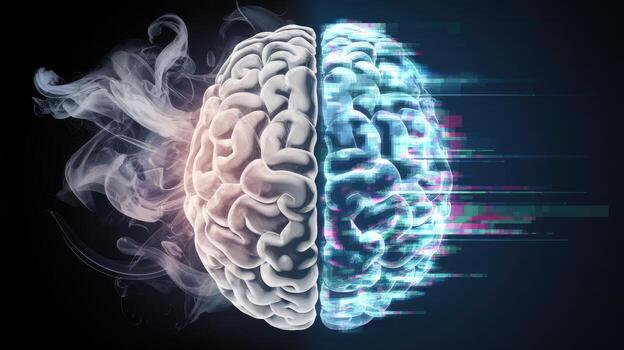 Brain Divided Representing Creativity and Logic, Human Intelligence, on Dark Background photo