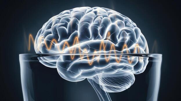 Human Brain in a Glass With Orange Waveform Representing Brain Activity photo