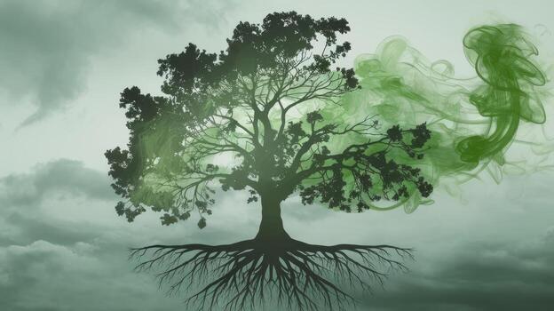 Misty Green Tree Stands Strong With Vibrant, Green Energy Surrounding It Against Cloudscape photo