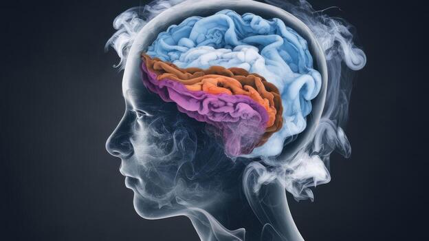 humano cabeza con multicolor cerebro visible en perfil ver en oscuro antecedentes foto