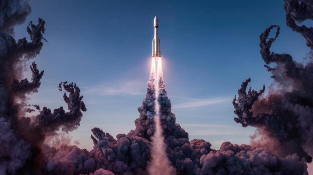 cohete se eleva dentro el cielo con fumar caminos durante un poderoso noche lanzamiento foto