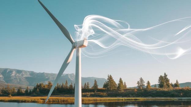 Wind Turbine Near Lake, Generating Power on a Sunny Day photo